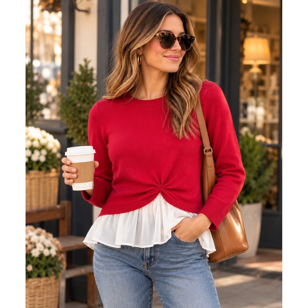 Maeve Anthropologie Red Twist Front Layered Look Sweater Mixed Media Red White M